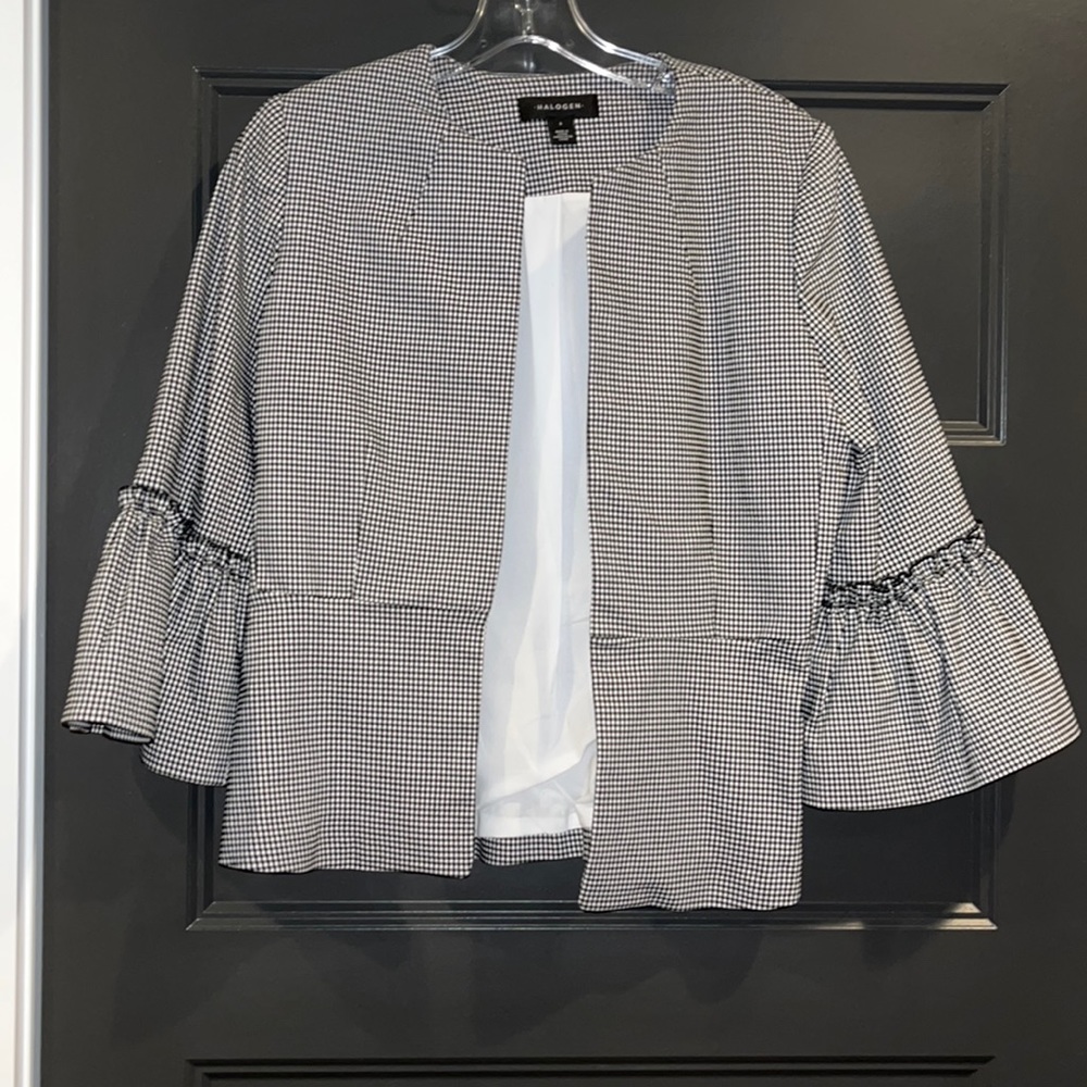 Black & white plaid ¾ length blazer